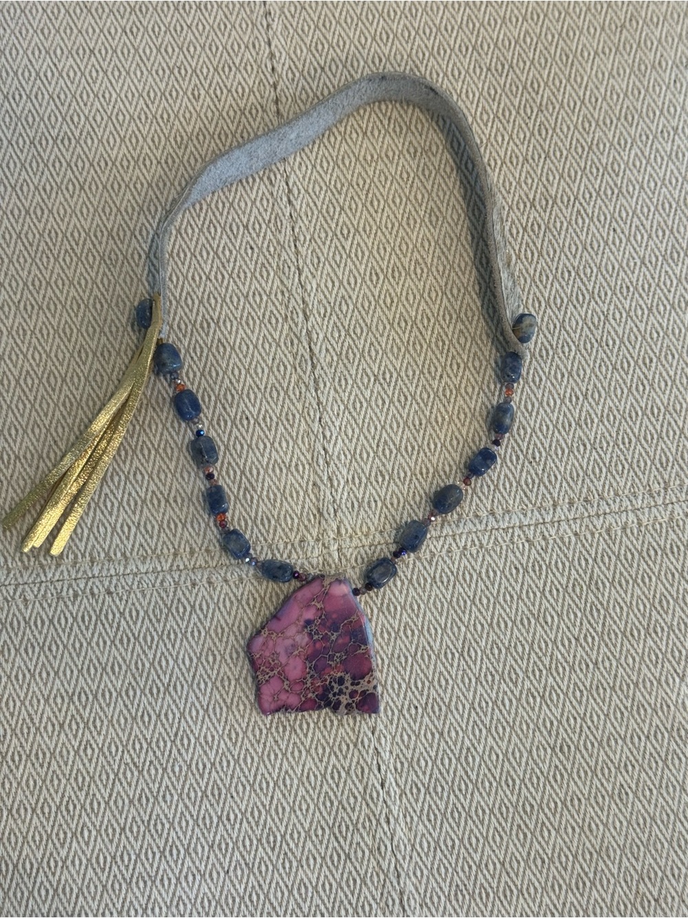 Purple Agate Pendant Necklace with Blue Beaded Strap